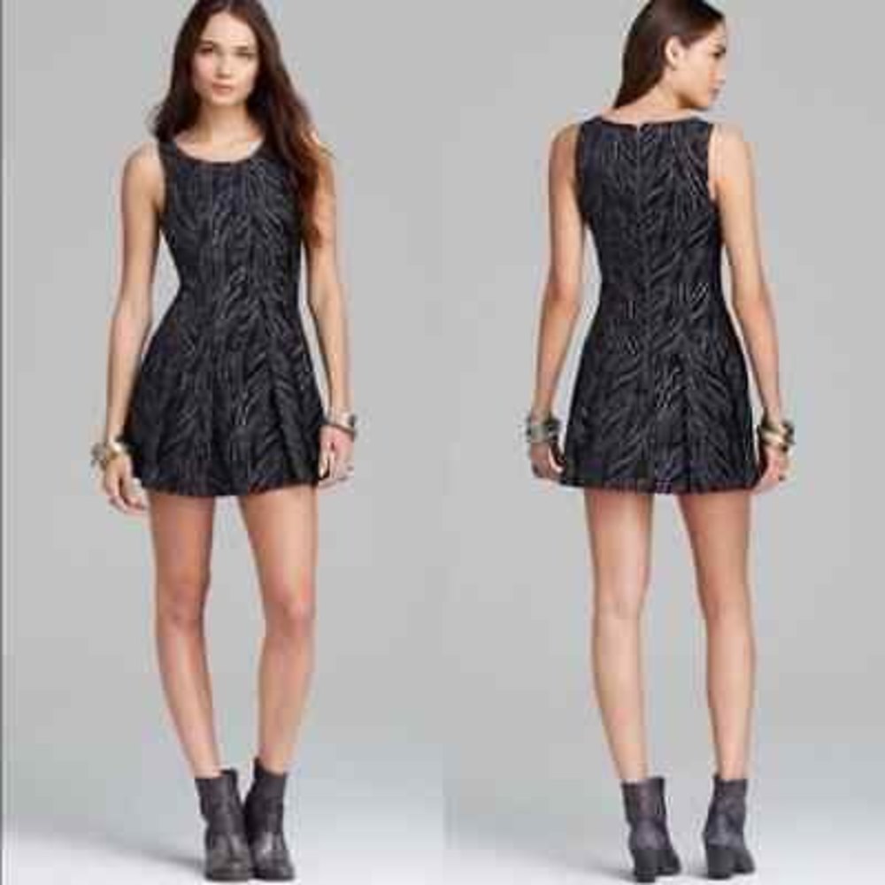 Free People Black Chenille Textured Zebra Print Drop Waist Mini Dress Size 6